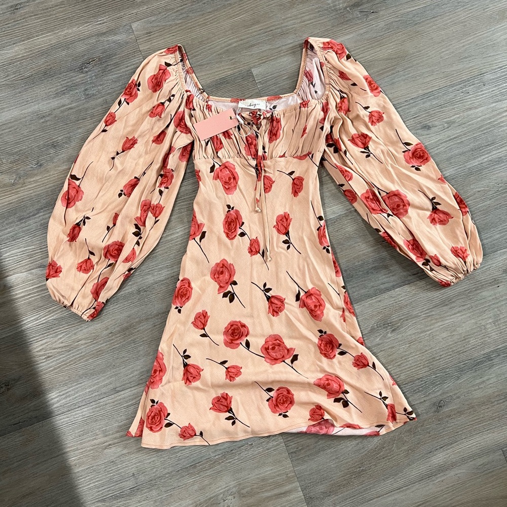 Brand new with tag and bag. Miss Lola floral nude dress. Size small.